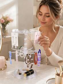 1pc Double-Layer Rotating Jewelry Display Stand, Transparent Plastic Rotating Storage Organizer, Keychain, Necklace, Bracelet, Earring, Badge And Pendant Desktop Storage Rack, Multi-Purpose Desktop Stand, Suitable For Home, Store Display And Travel Use - Multicolor - View 5
