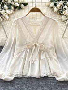 Women's Lace Patchwork V-Neck Fashion Versatile Daily Wear Top - Apricot - View 4