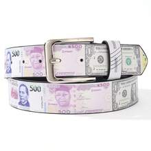 Men's Multicolor Banknote Print Belt With Silver Buckle, Y2K Hip Hop Streetwear Belt For Jeans - Banknote Embossed Leather Belt - View 8