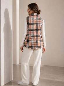 Women's Reversible Vest, 2-In-1 Sleeveless, One Side Plain, One Checkered. Loose Fit. - Coral Orange - View 4