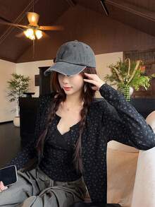 Korean Style Ditsy Floral Lace Trim Camisole Tank Top & Long Sleeve Cardigan Jacket 2pcs Set For Women, Spring/Autumn - Black - View 10