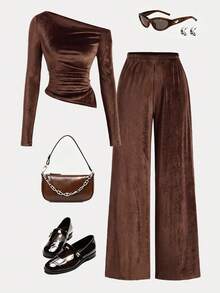Lurzo 2 Pieces Set Of Korean Suede Irregular Girls' Clothing, Slim Fit Sloping Shoulder Long Sleeved Top+Loose And Comfortable Wide Leg Pants,Outdoor/School - Brown - View 1