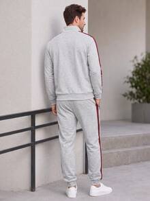 Men's Casual Sports Outfit Spring Autumn, Lapel Pullover Sweatshirt + Jogger Pants Two Pieces Set, Daily Work Fitness Running Wear Men's Suit - Light Grey - View 3
