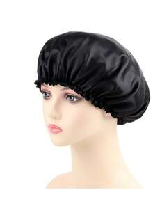 2 Buah Topi Tidur Satin Elegan dan Bernapas - Topi Tidur Elastis, Ruffle Dua Lapis, Topi Tidur Satin Sutra Wanita - Hitam - View 5