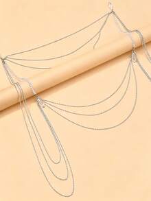 1pc New Multi-Layer Tassel Shoulder Chain Water Drop Pendant Shoulder Accessory, Elegant Bridal Wedding Strapless Dress Accessory - Silver - View 3