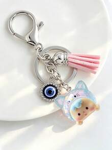 1pc Evil Eye Tassel 3D Glitter Cat Head Phone Charm Resin Phone Pendant Keychain Bag Accessory - Keychain - View 5