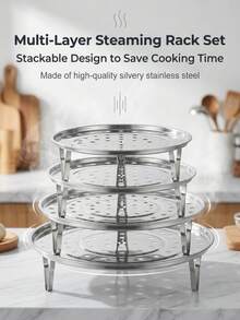 Stackable Steamer Tray Set, Stainless Steel Material, Elevated Feet Design, Multi-Layer, Sturdy And Durable, Steamer Cooking, Steamer, Reusable, Suitable For Steaming, Blanching, Cooling And Other Cooking Methods. Perfect For Home, Restaurant, RV, Camping And Other Scenarios, One Of The Currently Popular Kitchen Utensils - View 2