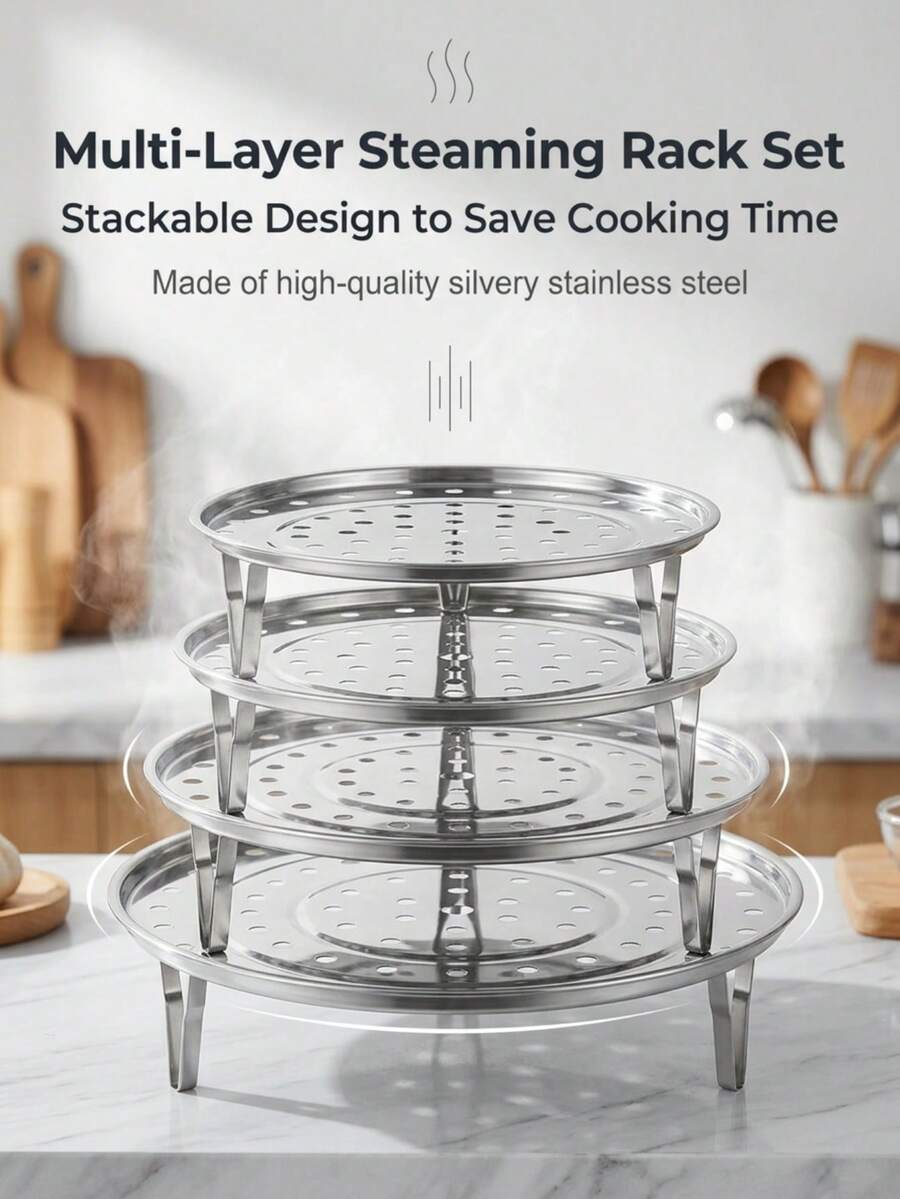 Stackable Steamer Tray Set, Stainless Steel Material, Elevated Feet Design, Multi-Layer, Sturdy And Durable, Steamer Cooking, Steamer, Reusable, Suitable For Steaming, Blanching, Cooling And Other Cooking Methods. Perfect For Home, Restaurant, RV, Camping And Other Scenarios, One Of The Currently Popular Kitchen Utensils