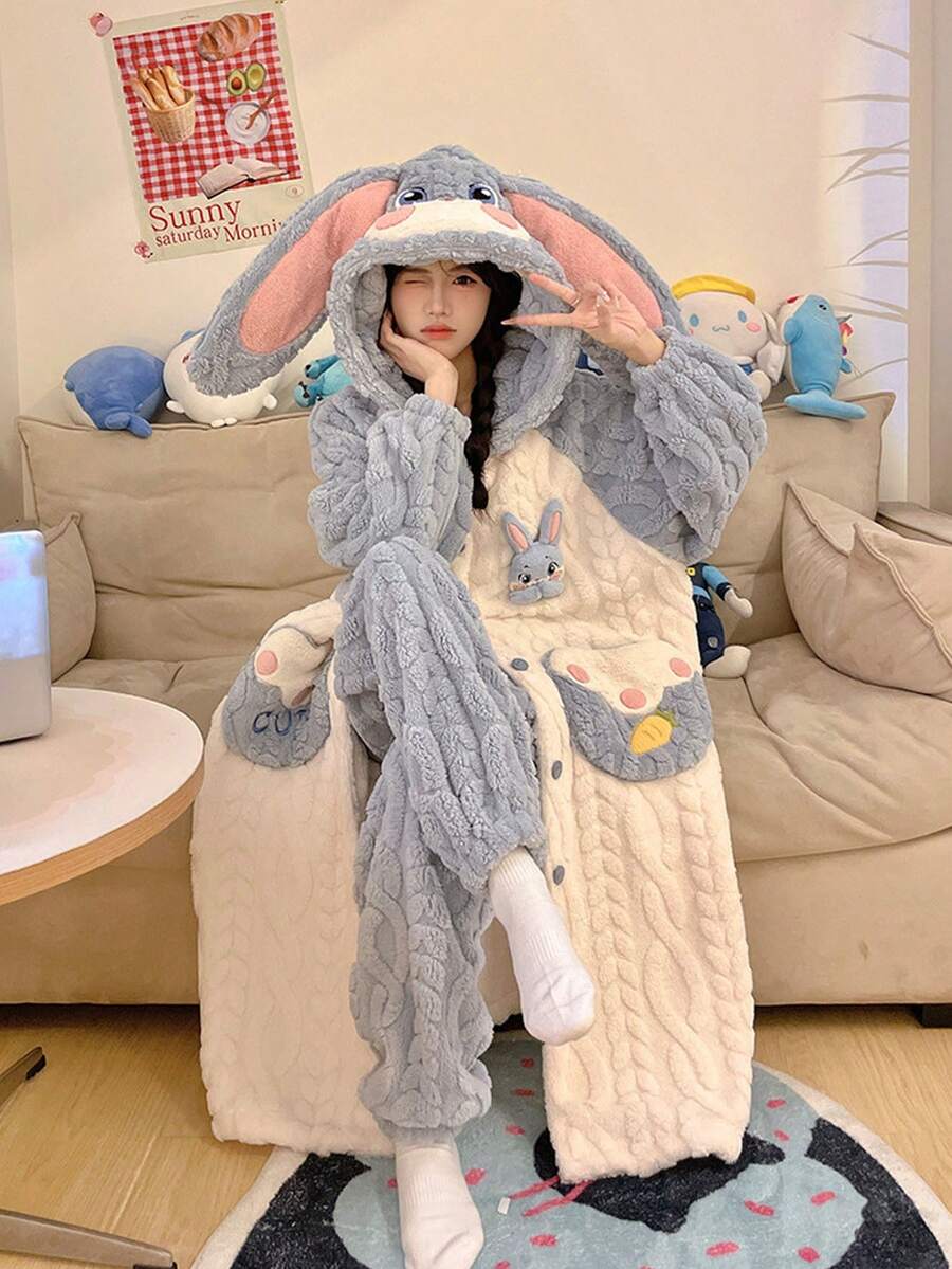 女款可愛大號兔耳連帽毛絨浴袍套裝，拼色鈕扣前開長款浴袍搭配同款長褲，蓬鬆粗針編織紋理冬季居家服，適合臥室放鬆、閱讀、看電視，理想的節日與生日禮物，長款浴袍，女裝 - 彩色 - 查看 1
