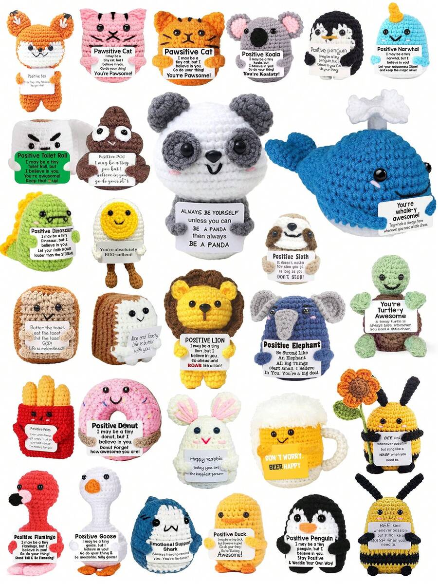 Mini Positive Energy Crochet Penguin/Duck/Shark/Bee/Cat, Inspirational Birthday Gift, Cute Decor With Positive Energy Card, Suitable For Friends Creative Birthday Gift, Home Decor, Party Decoration, Valentine's Day Gift - Khaki - View 1