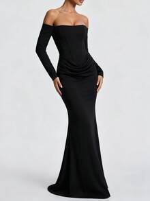 Elegant Women's Black Long Sleeve Off-Shoulder Formal Dress, Ruched Waist Design, Perfect For Evening Parties And Events,  Made Of Medium Stretch - Black - View 5