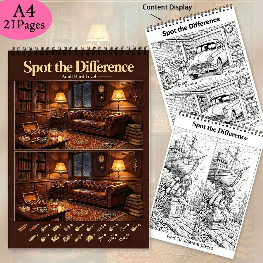 Hard-Level Find The Difference Activity Book A4 Size Top Spiral Binding Single-Sided Printing 21 Sheets Thick Paper Extreme Visual Search Cognitive Training Stress Relief Mindfulness Relaxation Suitable For Adults Elderly Puzzle Lovers Birthday Gift