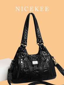 Nicekee Fashionable Versatile Simple Solid Color Handbag,Adjustable Long Shoulder Strap,Large Capacity Retro Tote Bag,Suitable For Commuting Shopping - Black - View 8