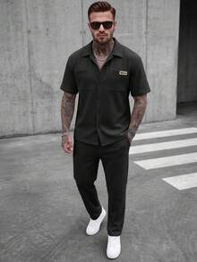 2pcs Men's Casual Set, Summer Short Sleeve Resin Button Collar Shirt And Drawstring Long Pants, Textured Polyester Fabric, Dual Pockets + Distinctive Logo, Classic Solid Color - Black - View 2