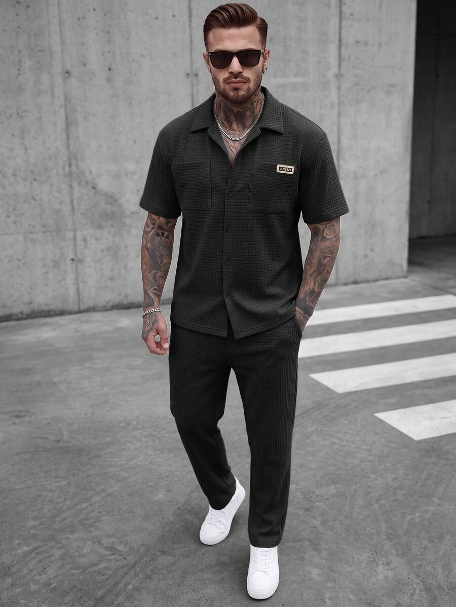 2pcs Men's Casual Set, Summer Short Sleeve Resin Button Collar Shirt And Drawstring Long Pants, Textured Polyester Fabric, Dual Pockets + Distinctive Logo, Classic Solid Color