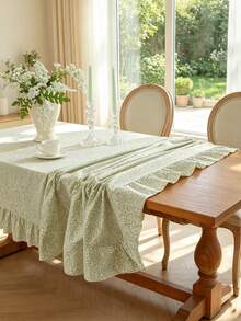 1pc Tablecloth With Scalloped Lace Trim, Polyester Fabric, Light Green Floral Pattern, Rectangular/Square Tablecloth, Suitable For Dining Room And Living Room Tabletop Decoration - Light Green - View 5