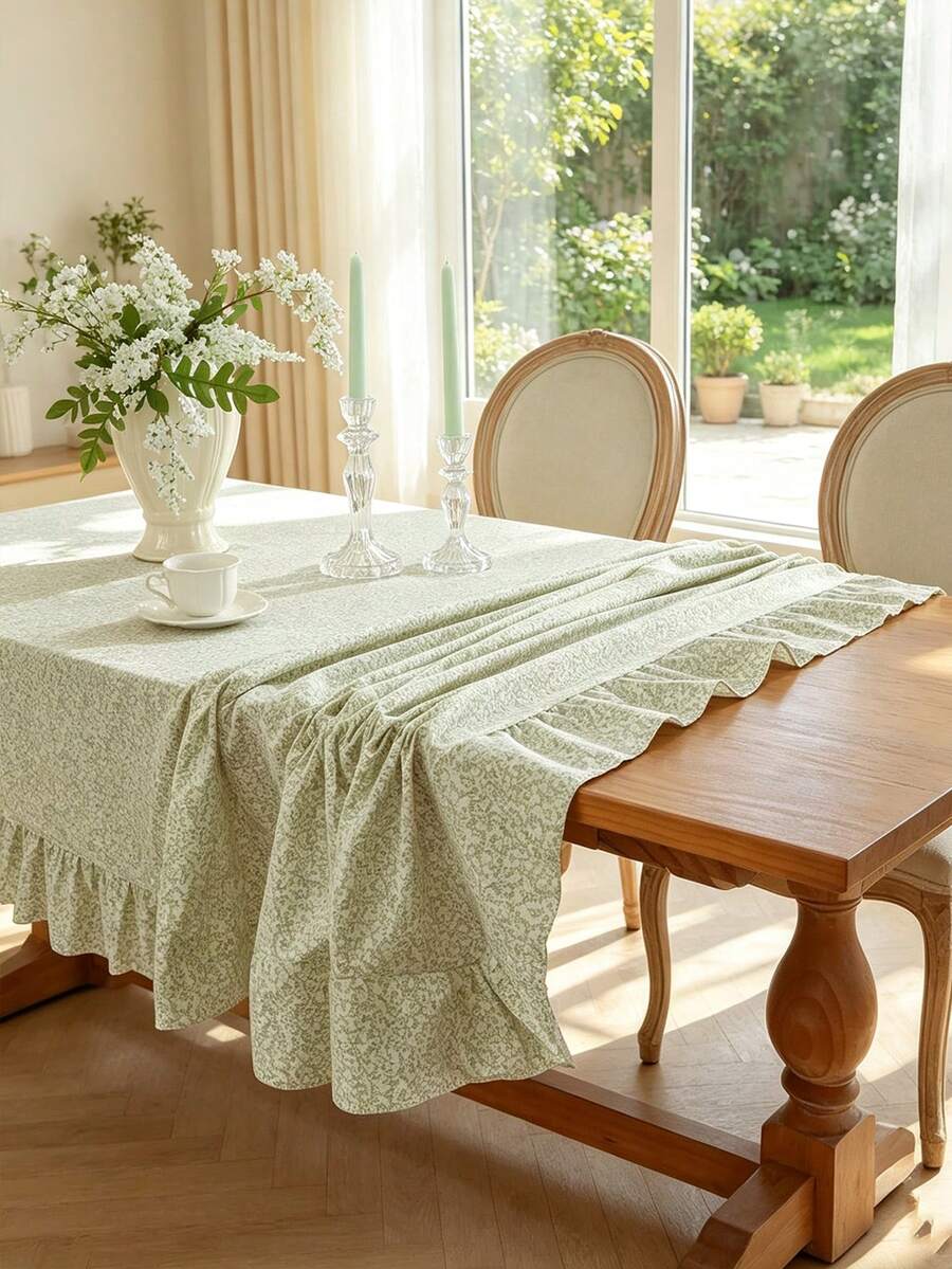 1pc Tablecloth With Scalloped Lace Trim, Polyester Fabric, Light Green Floral Pattern, Rectangular/Square Tablecloth, Suitable For Dining Room And Living Room Tabletop Decoration