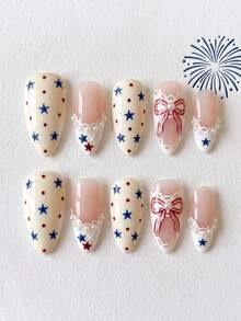 10pcs Y2K-Style Acrylic Press-On Nails Featuring Stars, Polka Dots, Bows, And Lace Details; Medium Almond-Shaped Tips Suitable For Dates And Birthday Parties. - Multicolor - View 1