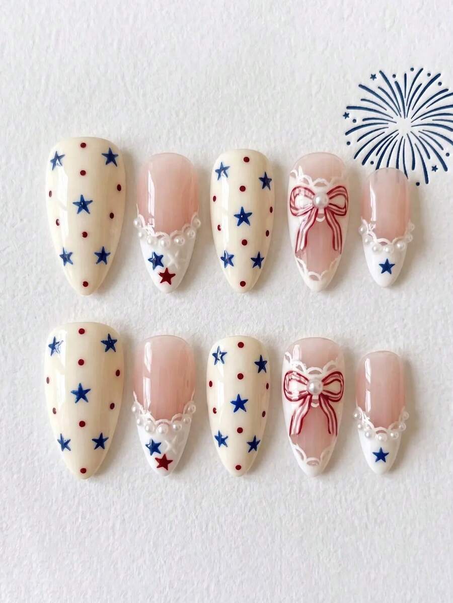 10pcs Y2K-Style Acrylic Press-On Nails Featuring Stars, Polka Dots, Bows, And Lace Details; Medium Almond-Shaped Tips Suitable For Dates And Birthday Parties. - Multicolor - View 1