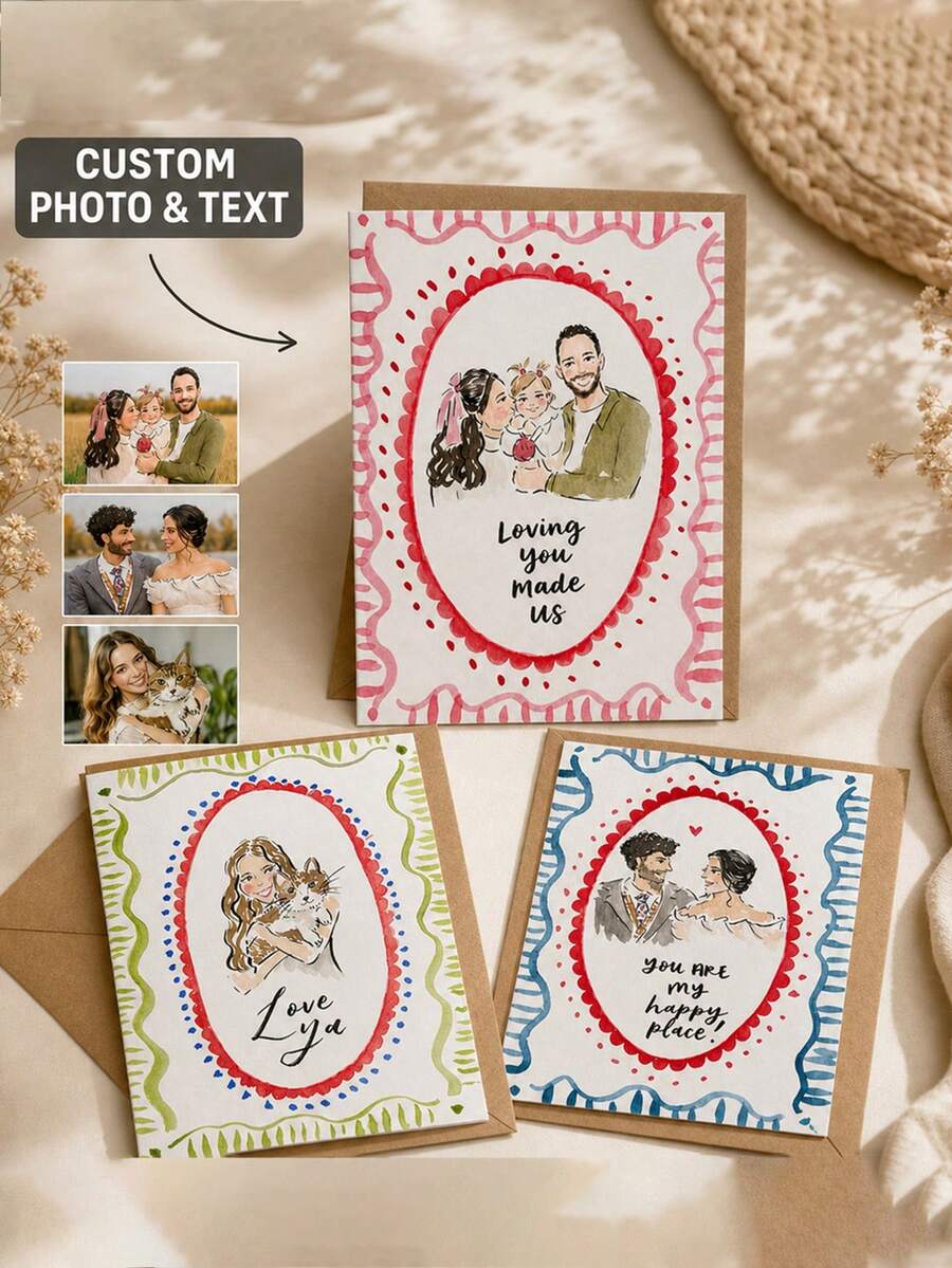 Customized Watercolor Portrait Greeting Card With Envelope Included. You Can Add Your Own Text On The Card. Retro Oval Decorative Border Design. Suitable For Birthdays, Mother's Day, Anniversaries, Thank-You Letters And Holiday Greetings. - Multicolor - View 1