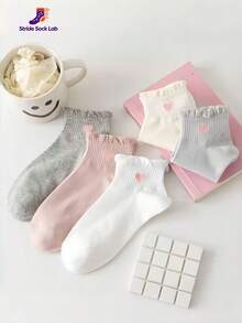 5 Pairs Women's Korean Style Minimalist Coffee Color Heart Pattern Non-Slip Breathable Lace Summer Short Socks, Breathable Casual Short Socks, Soft Comfortable Daily Wear Short Socks, Random Color - Multicolor - View 6