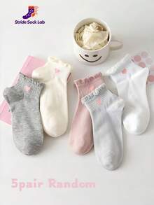 5 Pairs Women's Korean Style Minimalist Coffee Color Heart Pattern Non-Slip Breathable Lace Summer Short Socks, Breathable Casual Short Socks, Soft Comfortable Daily Wear Short Socks, Random Color - Multicolor - View 8