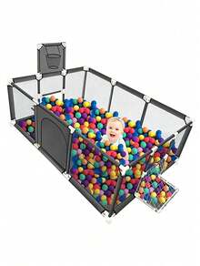 Centro de Actividades Infantil con Aro de Basquetbol, Corral Amplio para Pelotas, Cerco Modular para Interior y Exterior - Gris Oscuro - Ver 1