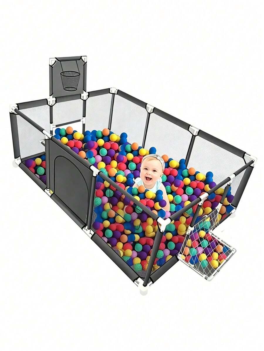 Centro de Actividades Infantil con Aro de Basquetbol, Corral Amplio para Pelotas, Cerco Modular para Interior y Exterior - Gris Oscuro - Ver 1