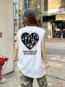 Women's Fashionable Summer Loose Casual Versatile Letter & Heart Print Tank Top White - White - View 1