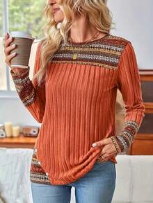 Plus Size Women's Round Neck Colorblock Printed Long Sleeve Top - Orange - View 3