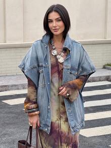 2026 Spring/Summer Pop Art Style Versatile Cocoon Denim Jacket, Vintage Washed Casual - Medium Wash - View 1