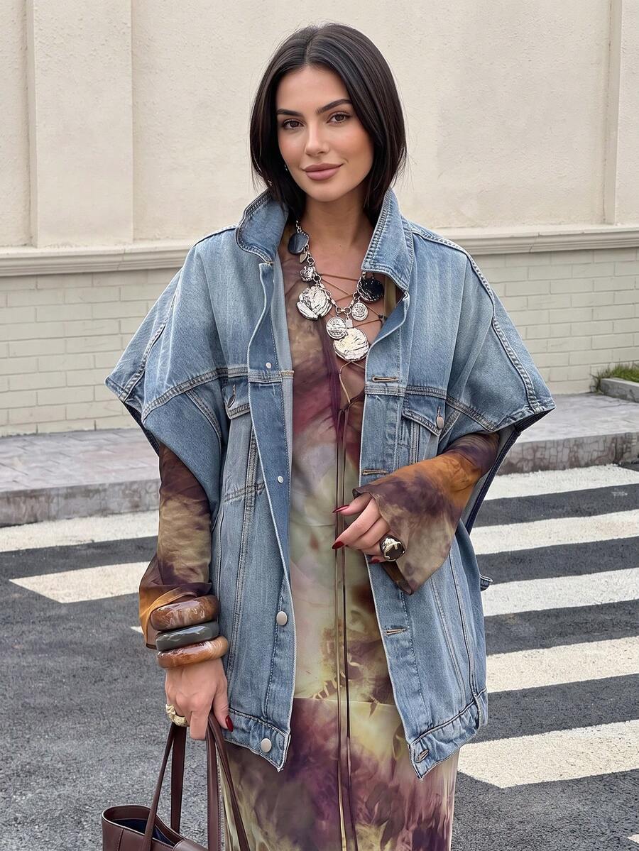 2026 Spring/Summer Pop Art Style Versatile Cocoon Denim Jacket, Vintage Washed Casual - Medium Wash - View 1