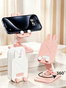 1pc Kawaii Rabbit Ear Desktop Phone Stand, 360° Rotatable Foldable Height‑Angle Adjustable Cell Phone Holder, HAPPY Letter Embossed Anti‑Slip Tabletop Bracket, Multi‑Color Cute Desk Phone Accessory, For Video Watching Video Call Office Daily Use - Multicolor - View 1
