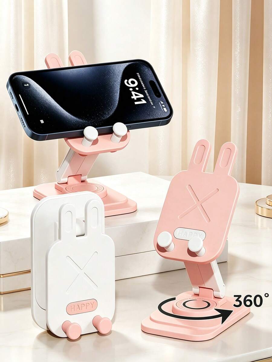 1pc Kawaii Rabbit Ear Desktop Phone Stand, 360° Rotatable Foldable Height‑Angle Adjustable Cell Phone Holder, HAPPY Letter Embossed Anti‑Slip Tabletop Bracket, Multi‑Color Cute Desk Phone Accessory, For Video Watching Video Call Office Daily Use - Multicolor - View 1