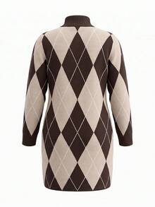 Plus Size Women's Diamond Lattice Long Sleeve Casual Knit Dress - Multicolor - View 8