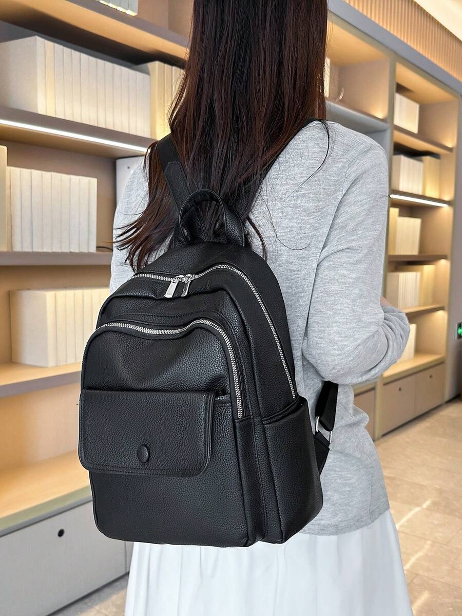1pc Fashionable Avant-Garde Large Capacity Multi-Pocket PU Faux Leather Premium Backpack, Campus Style Versatile Shopping Backpack