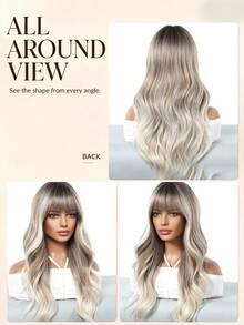 Wig Sintetis 24 Inci Ombre Akar Gelap Pirang Abu-abu, Poni Bergelombang Longgar Potongan Berlapis, Gaya Panjang Bervolume, Aksesori Fashion untuk Sehari-hari, Pesta, Halloween & Natal - Ombre - View 3