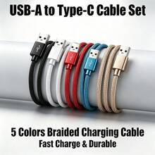 5-Pack 1m Nylon Braided USB-A To Type-C Charging Cable Set, Multi-Color Fast Charging Data Cable, Anti-Tangle Durable Phone Charging Cable, Compatible With Samsung Galaxy, Pixel, Android Type-C Devices, Suitable For Home, Office, Travel - Multicolor - View 2