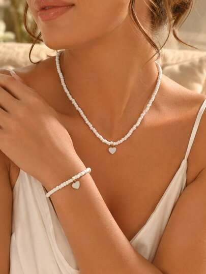 2pcs/Set Women's White Beaded Heart Pendant Necklace & Bracelet Set, Minimalist Boho Jewelry For Summer Beach, Vacation, Daily Wear & Gift