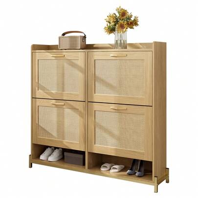 Elegant Wooden Shoe Cabinet With Rattan Doors - 4 Doors, Metal Frame And Top Shelf For Stylish And Organized Storage, 108.5 X 24 X 100 Cm