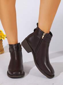 Women's Coffee Brown Metal Buckle Lace-Up Ankle Boots, Round Toe Low Square Heel Side Zipper Commuter Casual Short Boots - Coffee Brown - View 6