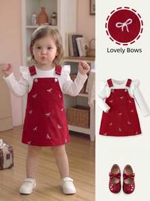 Baby Girls Valentine's Day Solid Ribbed Ruffle Trim Long Sleeve Top + Bow Embroidered Corduroy Suspender Skirt - Burgundy - View 2