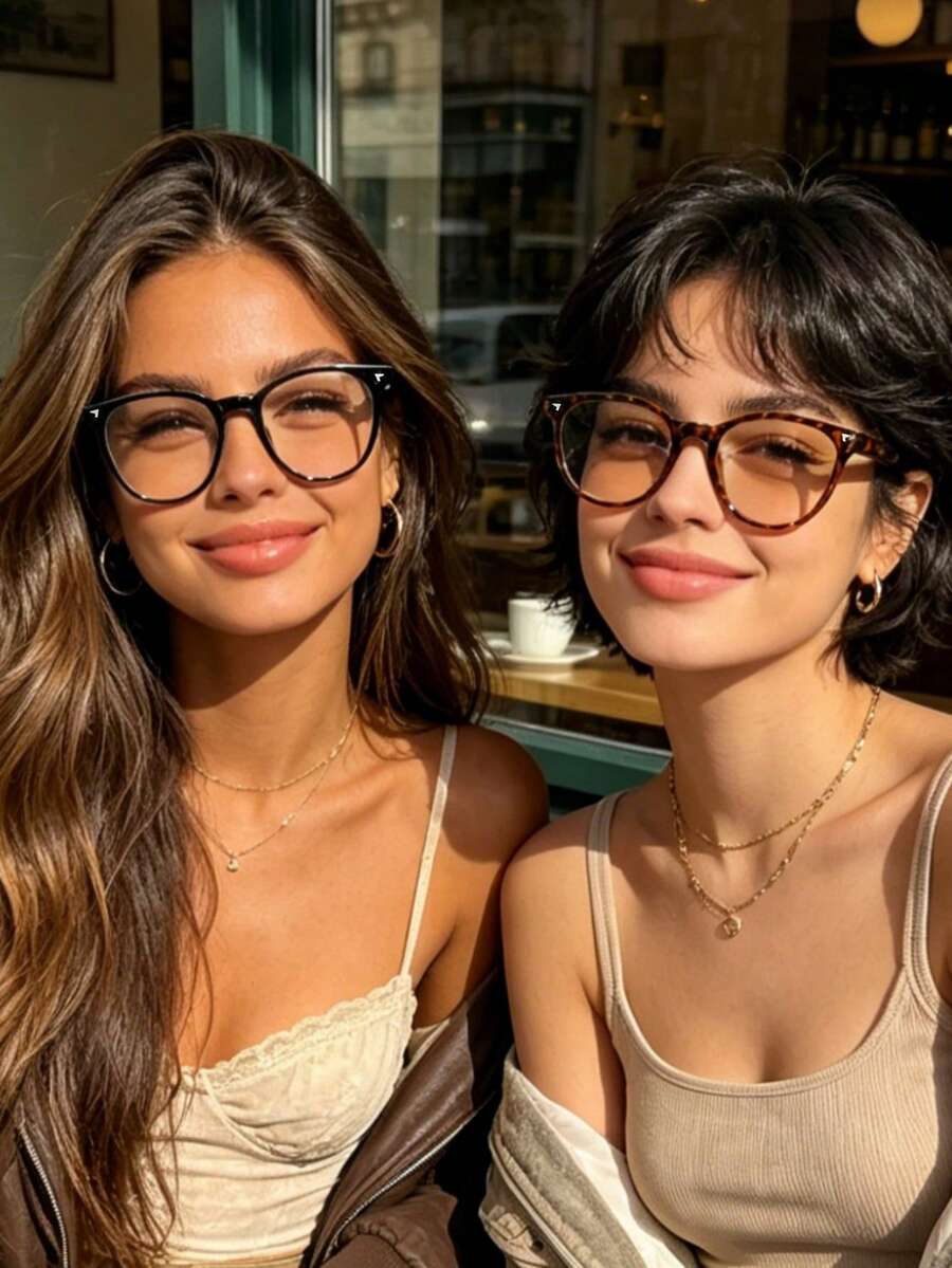 2 PCS Women Solid Black&Tortoiseshell Round Triangle Decor Blue Light Glasses,Fake Eyewear,Slim Face Y2K Eyeglasses,Back To School Daily Glasses - A - View 1