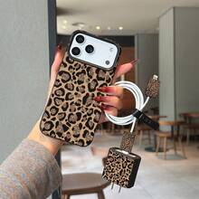 5 piezas Funda de teléfono con estampado de leopardo negro y textura + Cubierta de cargador + Protector de cable + Cuerda de almacenamiento TPU Carcasa protectora anti-caídas para teléfono Apple - Multicolor - Ver 2