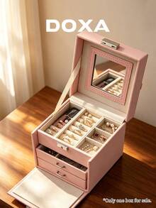 DOXA Pink Mirror Jewelry Box, Multi-Layer Drawer Jewelry Storage Box, Portable Travel Jewelry Organizer With Handle - Pink - View 4