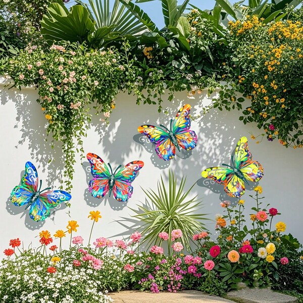 4pcs Set Classic Butterfly Wall Art Decor 2D Colorful Butterfly Garden Fence Wall Outdoor/Indoor Decorative Ornament Animal Theme, Home Garden Wall Art Sculpture Garden Decor Wall Ornament Indoor/Outdoor Garden Yard Lawn Decor Indoor/Outdoor Farmhouse Porch Decor