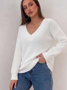 Wixra Women's V-Neck Textured Knit Sweater, Dropped Shoulder Long Sleeve Loose White Pullover - White - View 6