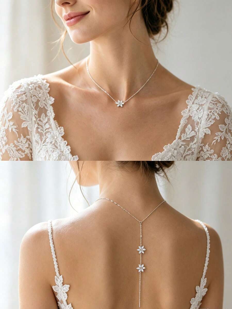 1pc New Gentle Style Floral Back Chain Body Chain, Elegant Exquisite Fashion Backless Dress Accessory For Bride Wedding - Silver - View 1