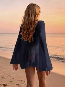 Women's Loose Drop Shoulder Casual Sheer Beach Cover Up For Summer Vacation - Navy Blue - View 2