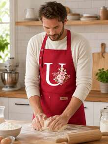 Red Floral A-Z Letter Print Apron With Pockets, Adjustable Neck Strap, Suitable For Baking, Housewarming, Holiday Gifts, Back To School, Home, Dorm Kitchen Accessories, Thanksgiving Cooking Apron, Christmas Housewarming Gift - Multicolor - View 4